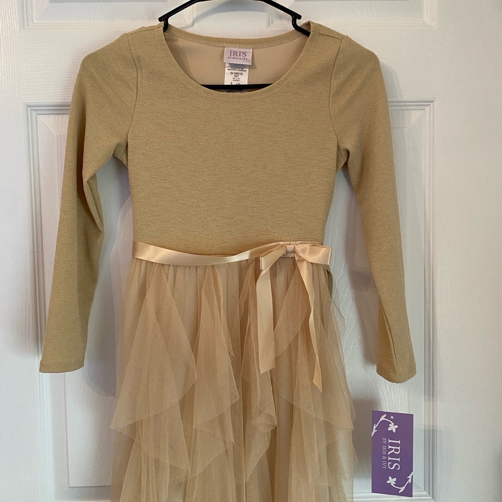 Iris Gold Long Sleeve Dress with Tulle Overlay New with tags
